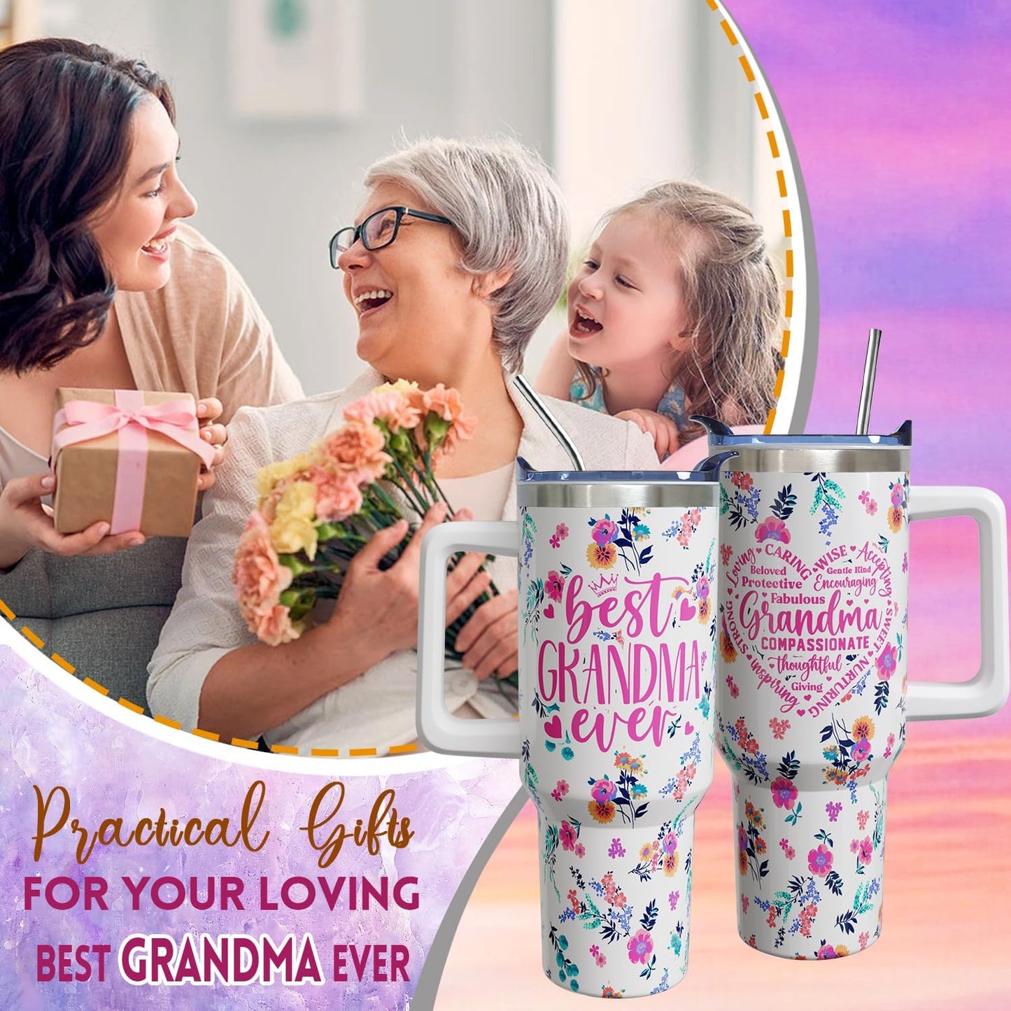 Taza con asa tapa popote 40oz regalo abuela