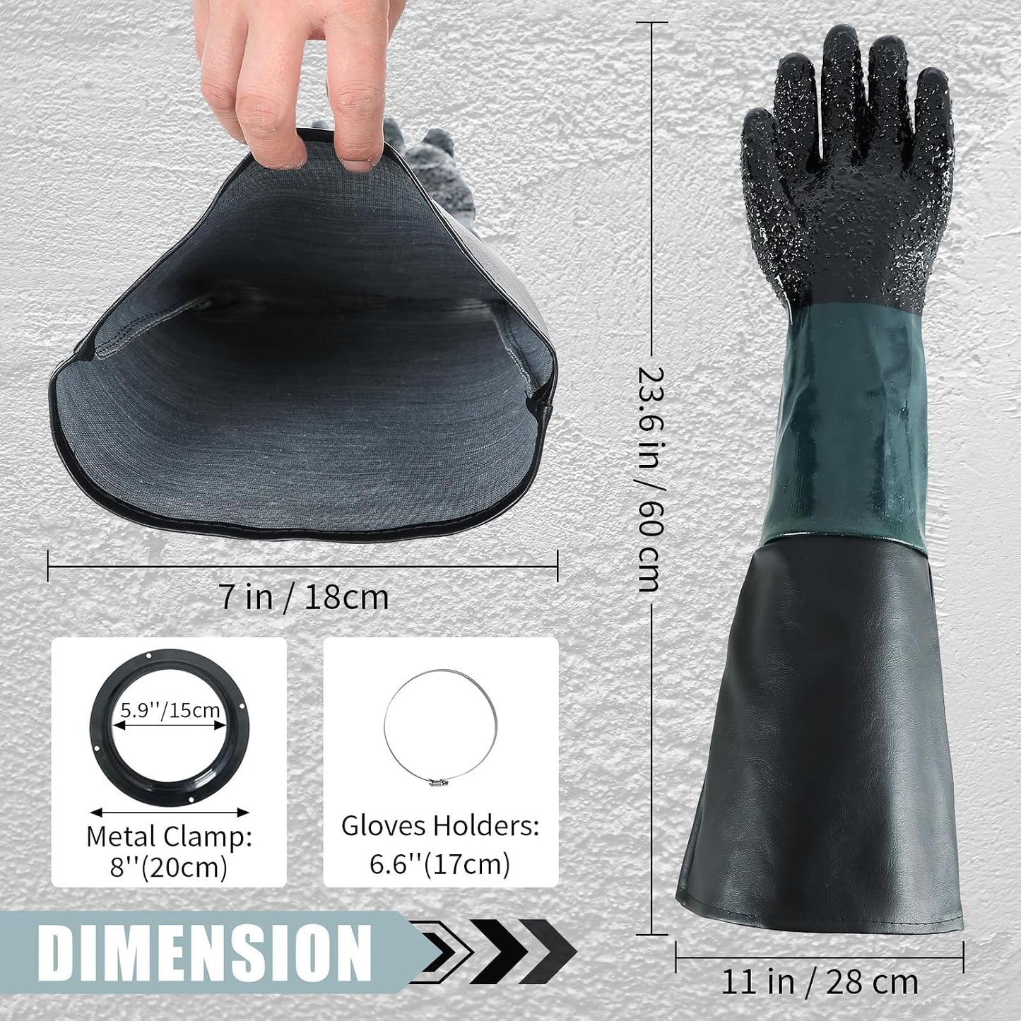 Guantes goma chorro arena 23.6pulg con soportes metal