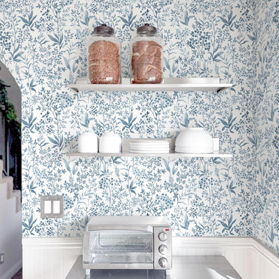 Papel tapiz azul floral autoadhesivo 17.3x393pulg
