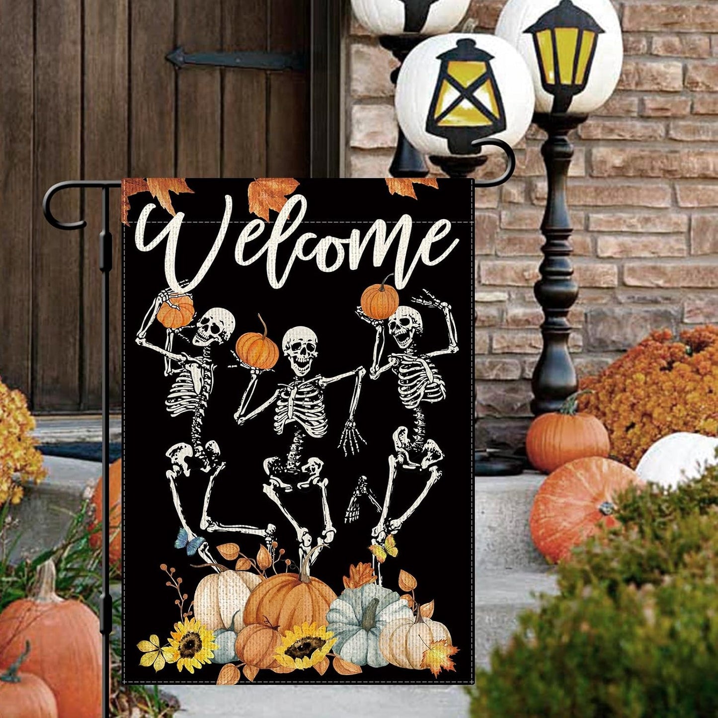 Bandera jardín esqueleto calabaza 12x18" doble cara