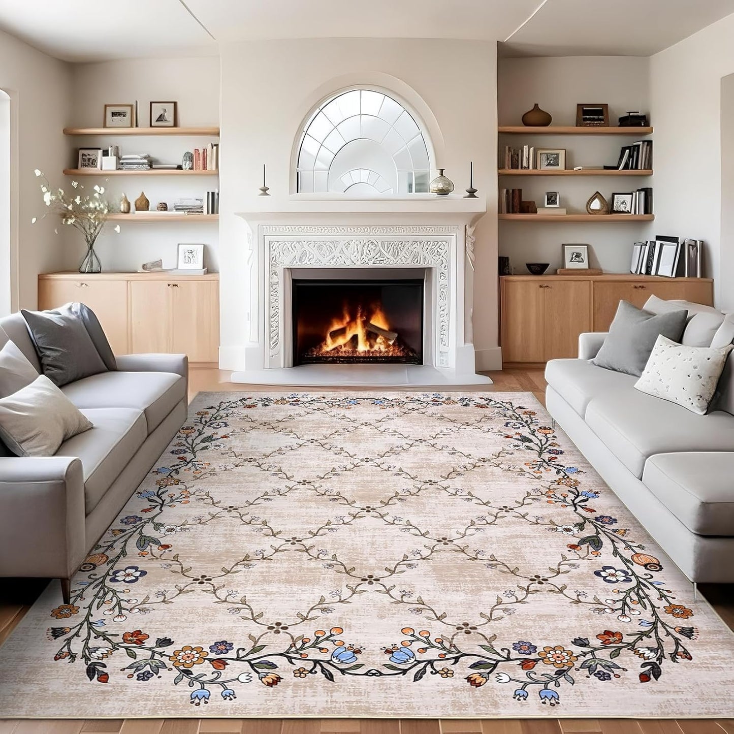 Alfombra floral 5x7pulg beige antiderrap interiores