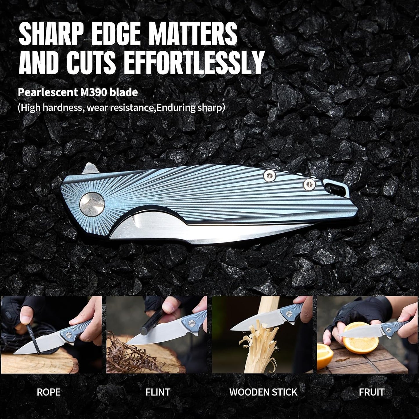 Cuchillo plegable EDC con clip mango titanio M390 azul
