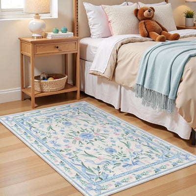 Alfombra floral azul para dormitorio niños antideslizante lavable