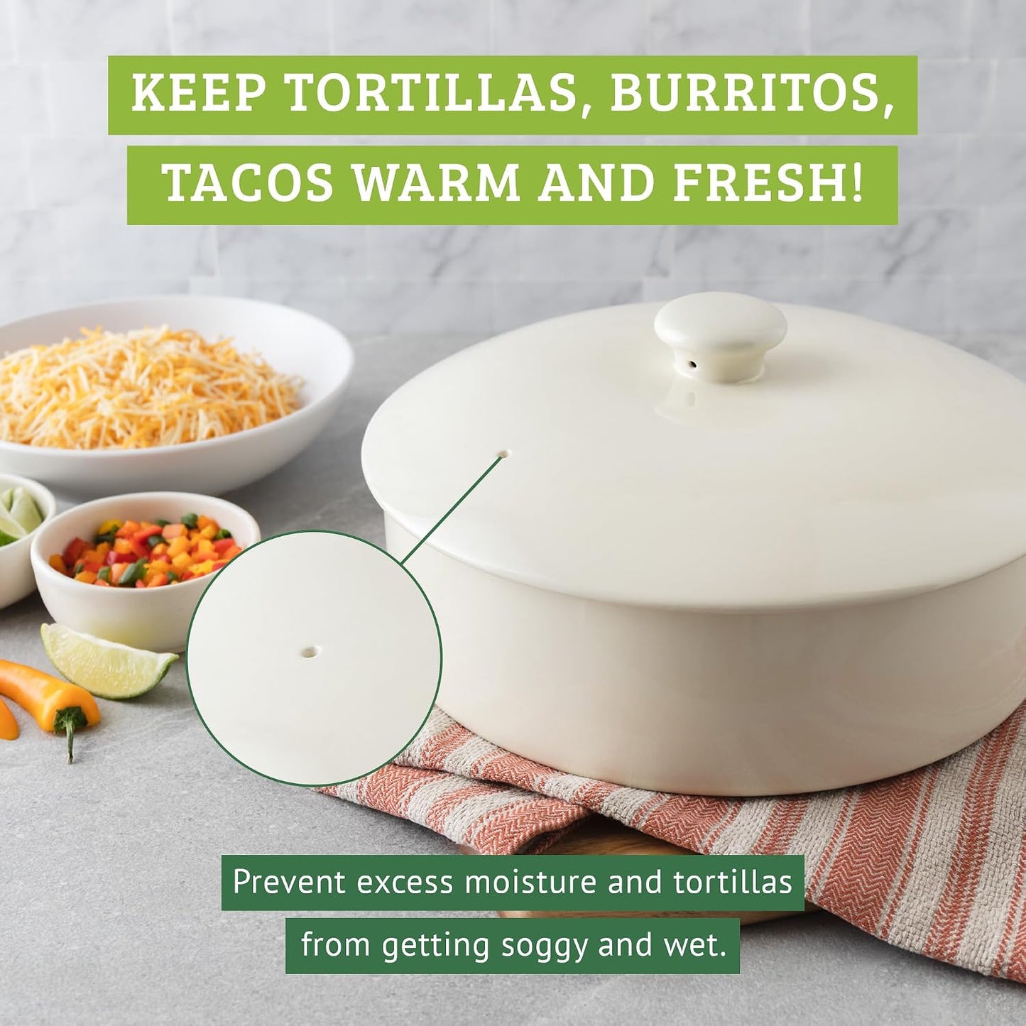 Calentador tortillas cerámica con tapa soporte arcoíris 10pulg