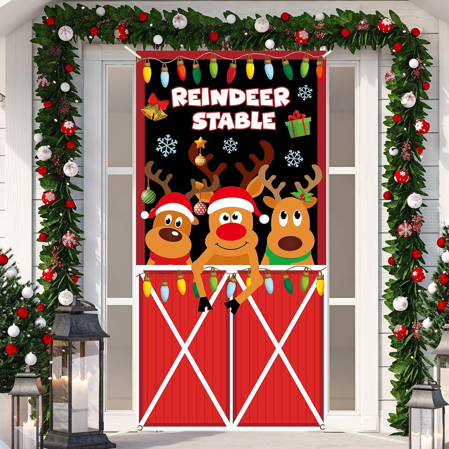 Banner de reno Navidad puerta establo decoración invierno