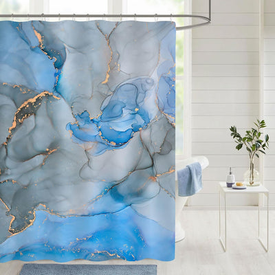 Cortina ducha tela mármol azul gris 71x71pulg con ganchos
