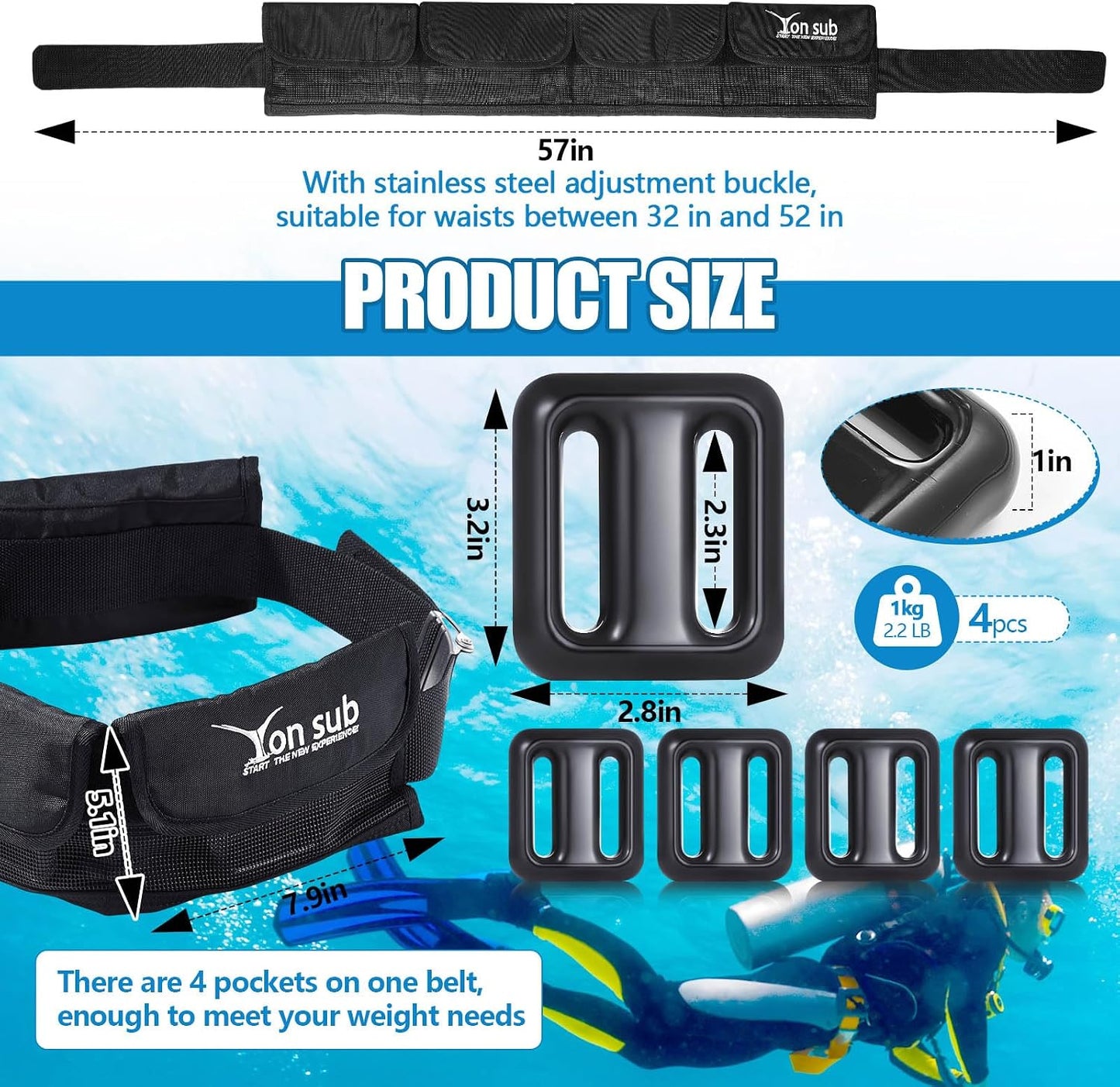 4 Cinturones Buceo 2.2lb con Bolsillos Cremallera Metal