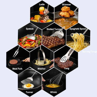 Set 12 Pzas Utensilios Acero Inox con Mango Madera