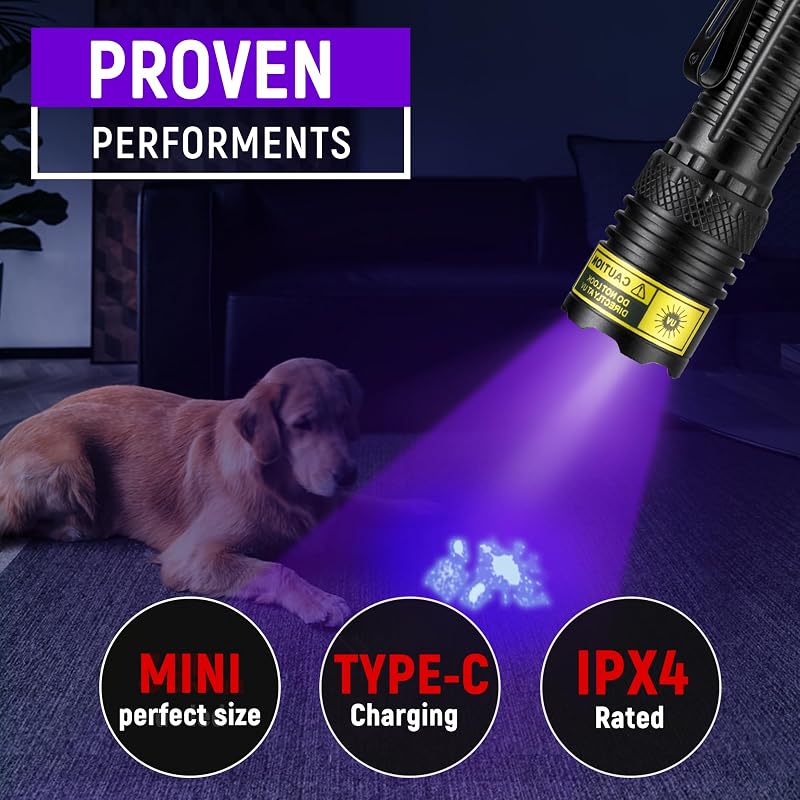 Linterna UV 395 nm recargable USB-C para resina y perro