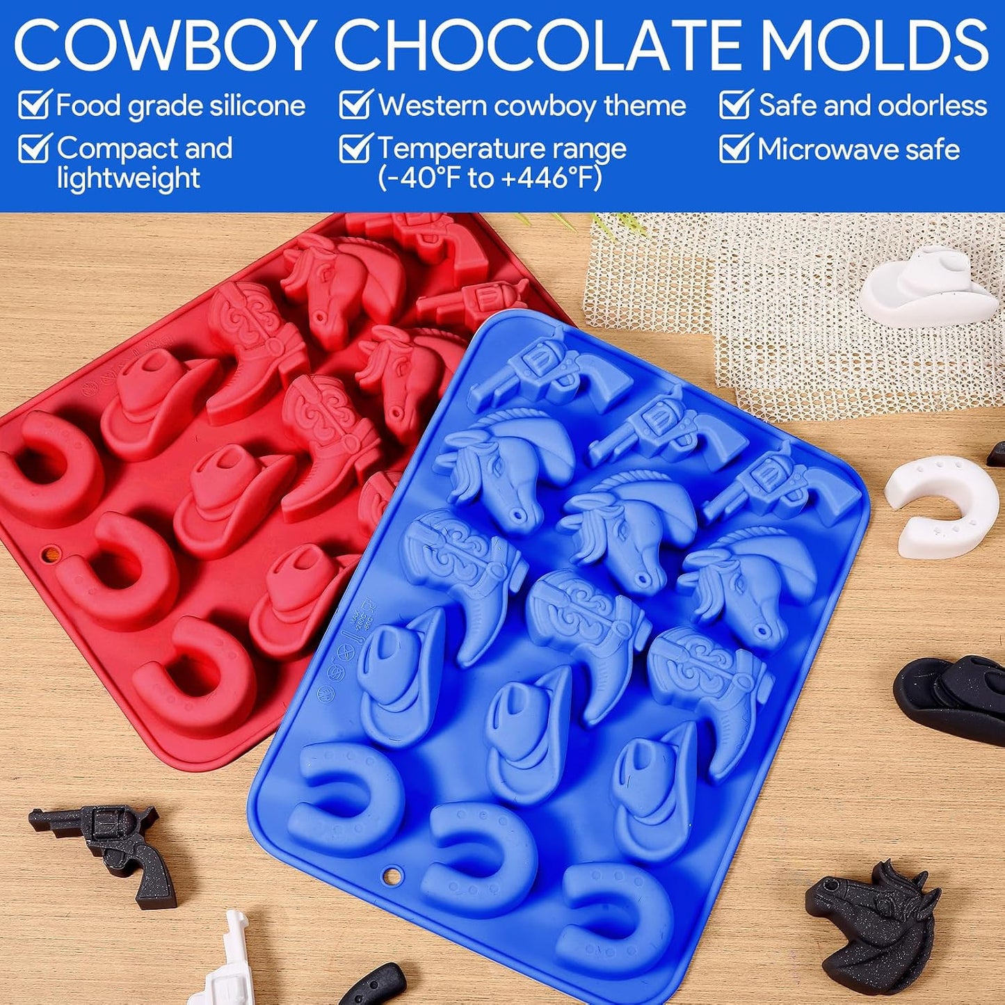 2 Moldes Silicona Vaquero Sombrero Botas Silla Montar Azul