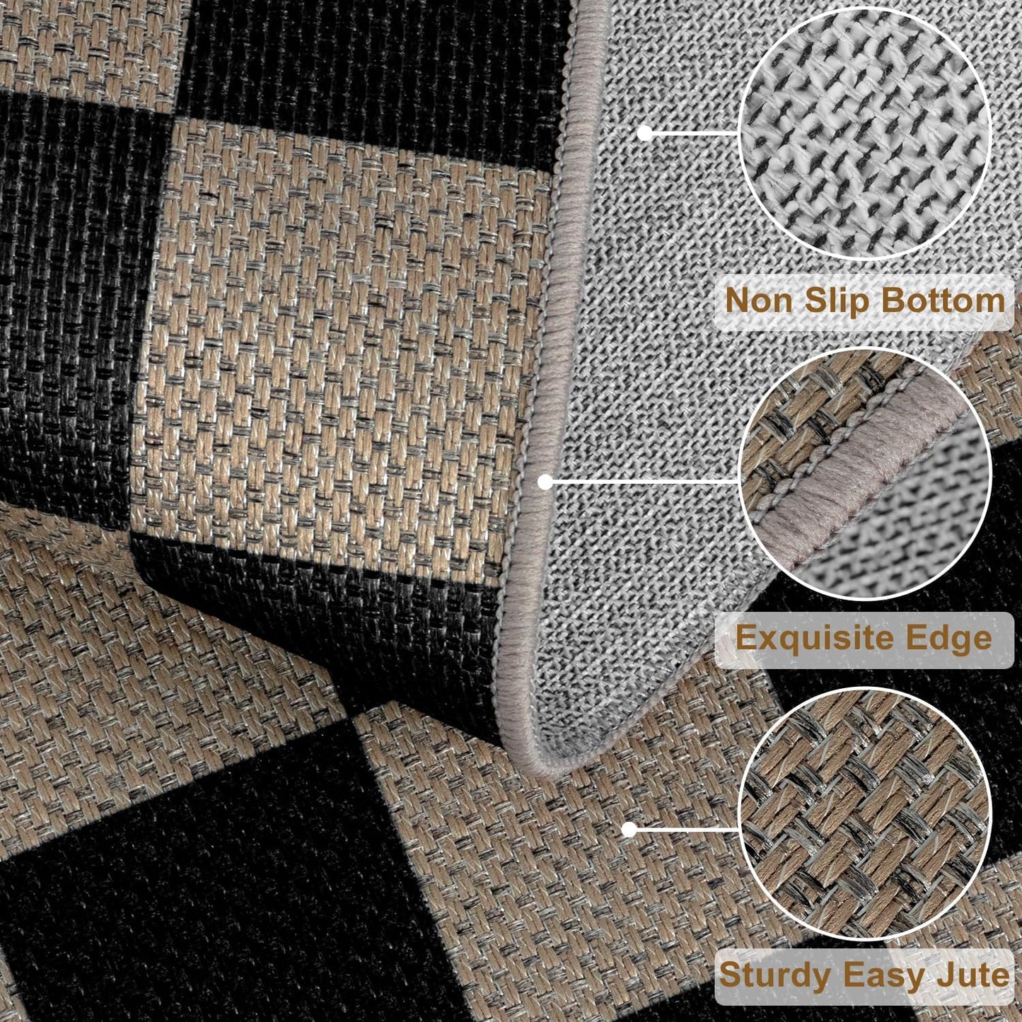 Alfombra pasillo yute cuadros 2.6x8ft negra antiderrap