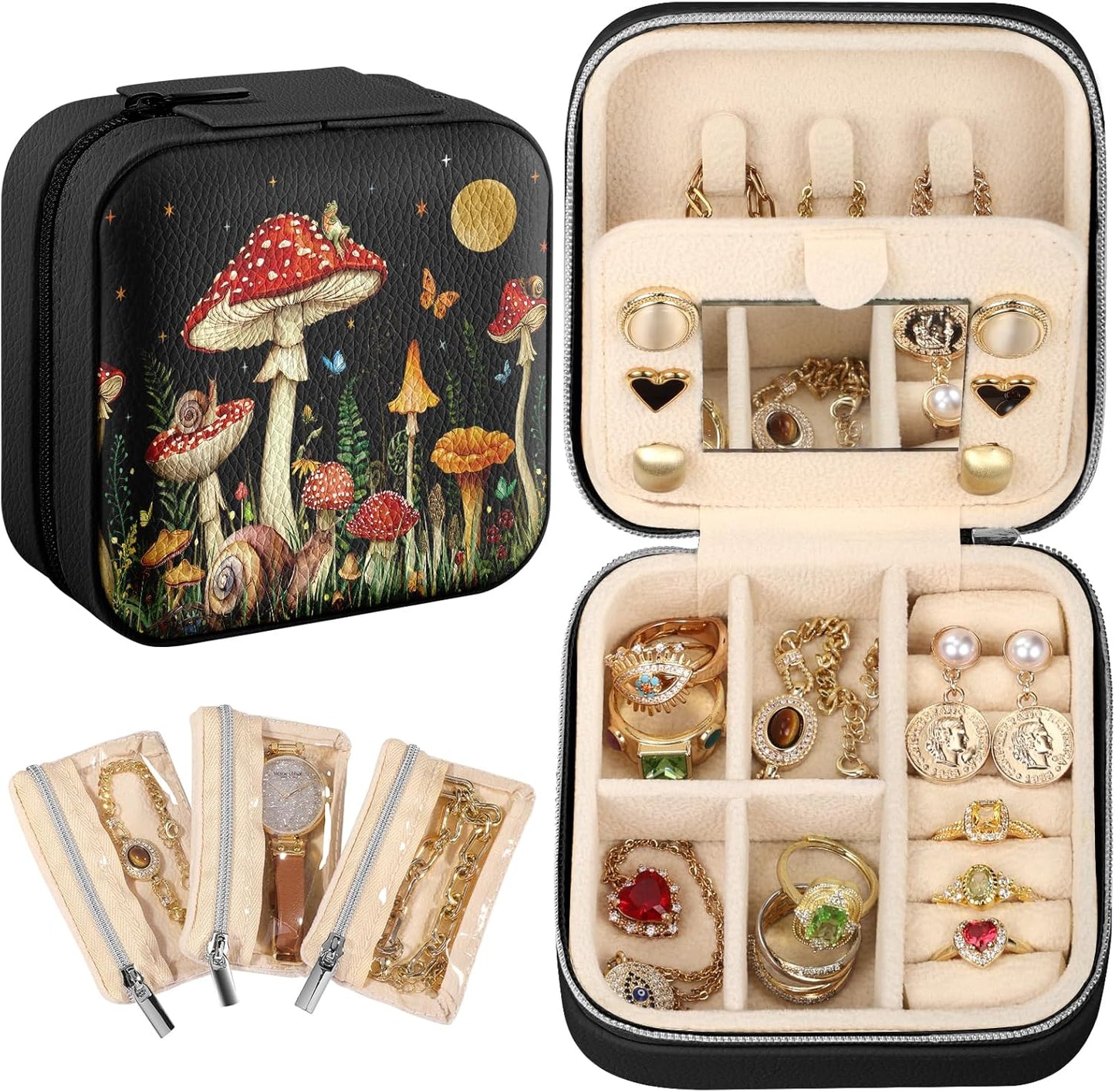 Estuche joyas viaje con espejo compacto para mujeres