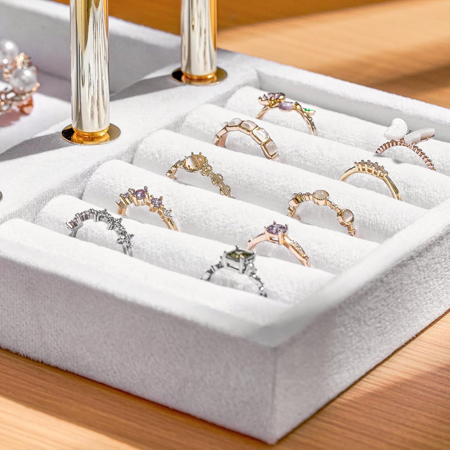 Soporte joyas terciopelo 3 niveles blanco