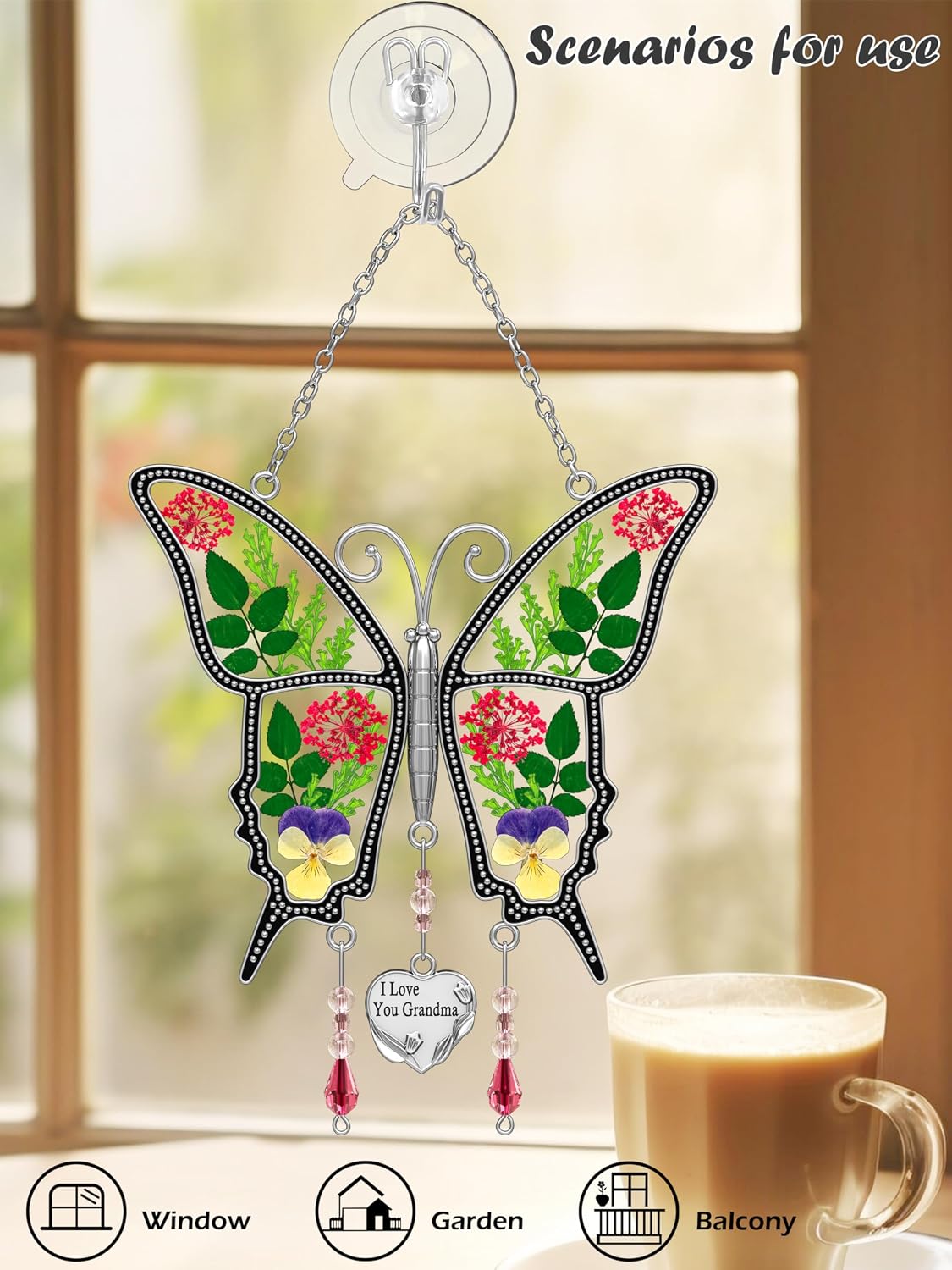 Atrapasoles mariposa I Love You con flor y corazón metal
