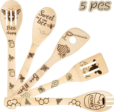 Set 5 Espátulas Madera Abeja Antiadherente Cuchara Bambú