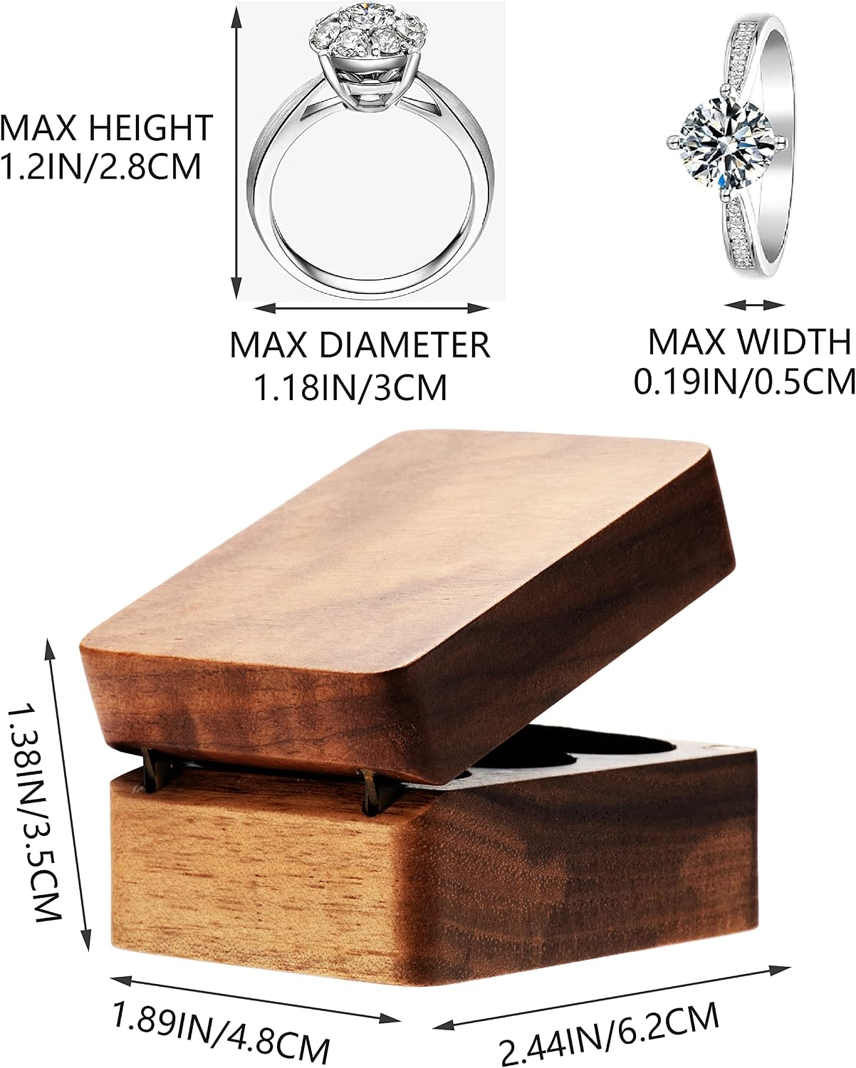 Caja madera nogal soporte anillos boda interior negro
