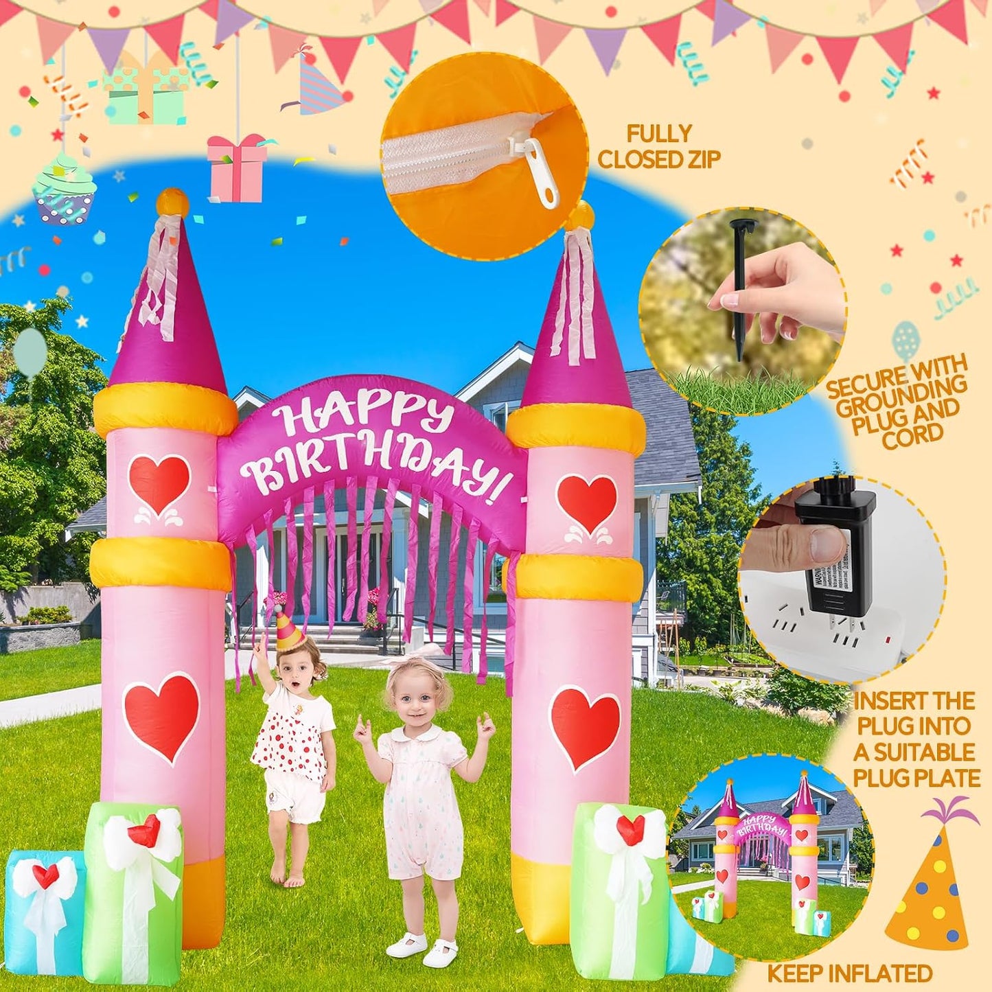 Arco inflable cumpleaños 10ft con luces LED para patio