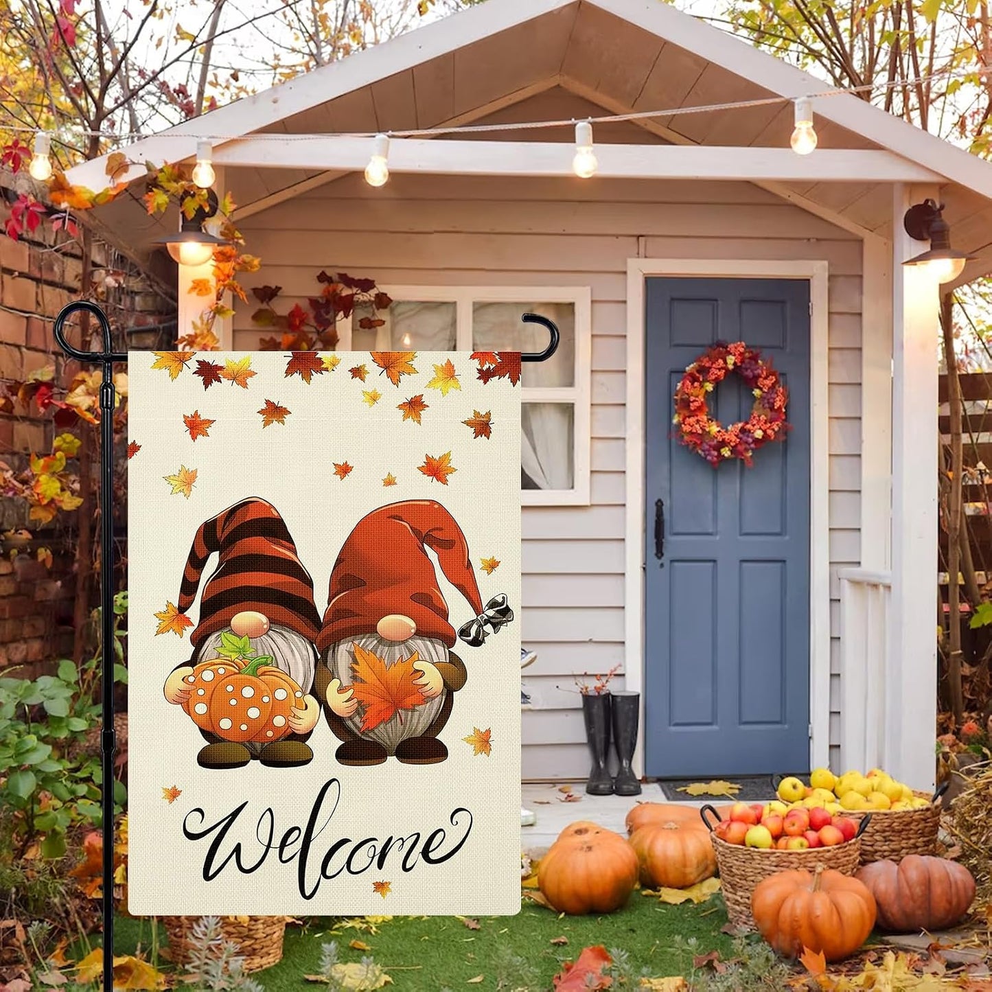 Bandera jardín otoño doble cara gnomos 12x18pulg