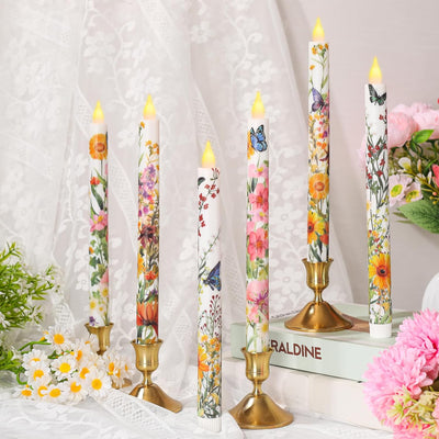 6 Velas Cónicas LED Primavera 10.63pulg Patrón Floral Parpadeante