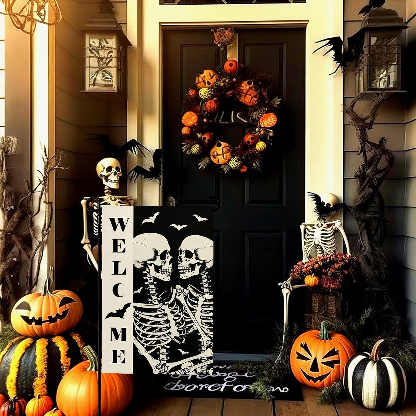 Bandera jardín Halloween calavera esqueleto blanco y negro