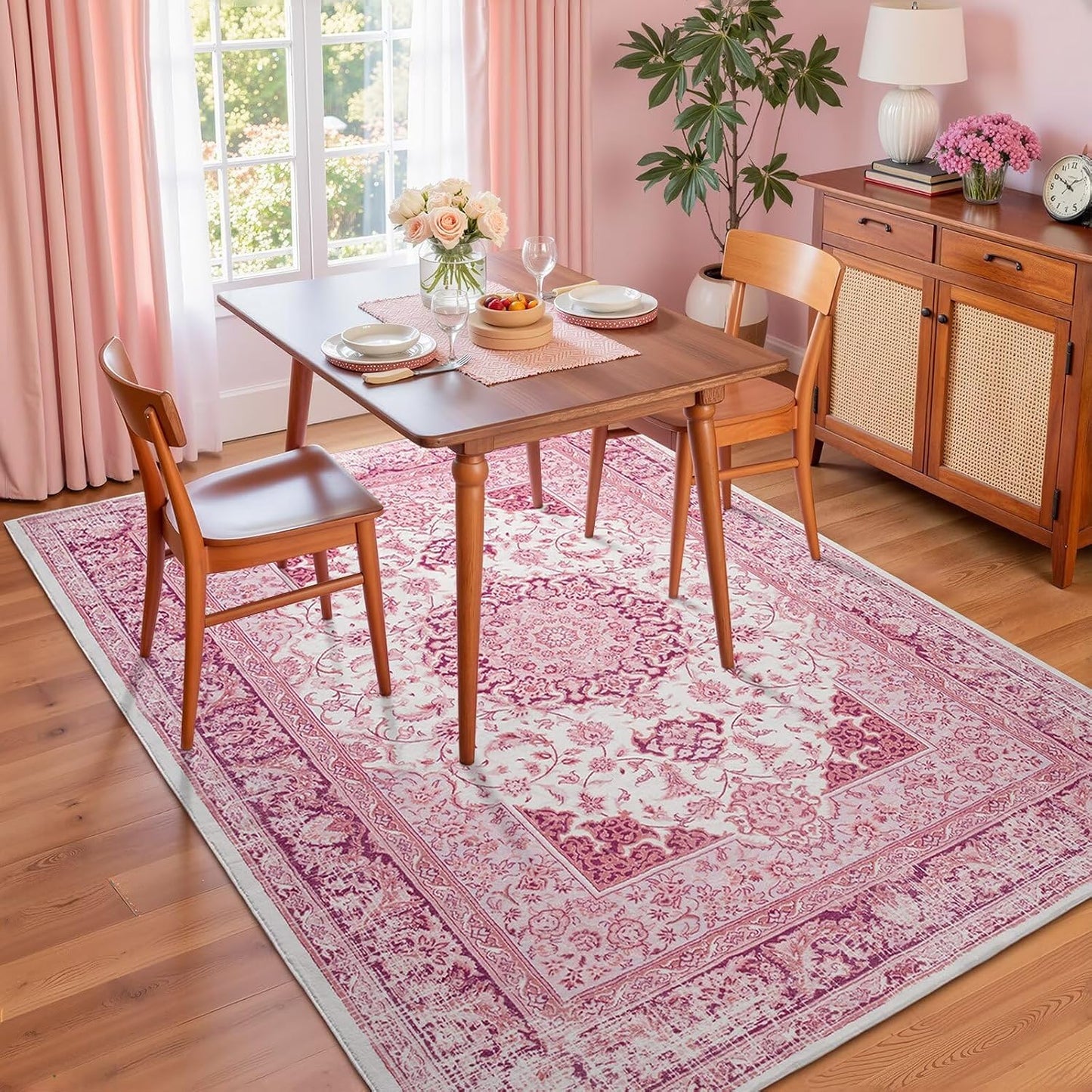 Alfombra 5x7" rosa brillante antiderrap para dormitorio