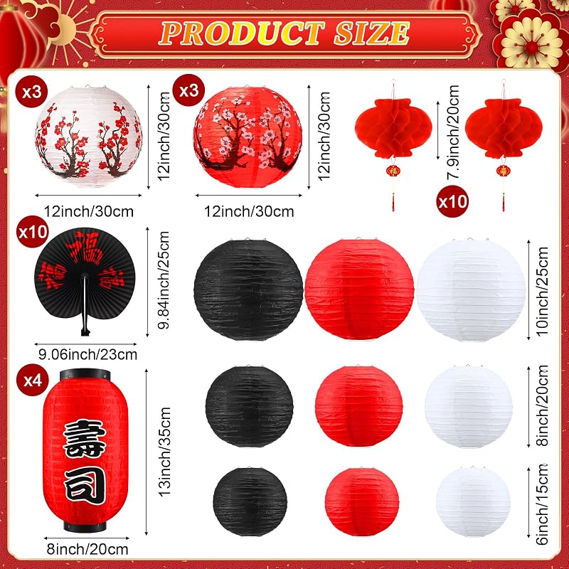 49 Linternas Papel Rojo Flor Cerezo LED Decoración Año Nuevo
