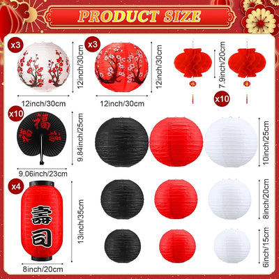 49 Linternas Papel Rojo Flor Cerezo LED Decoración Año Nuevo
