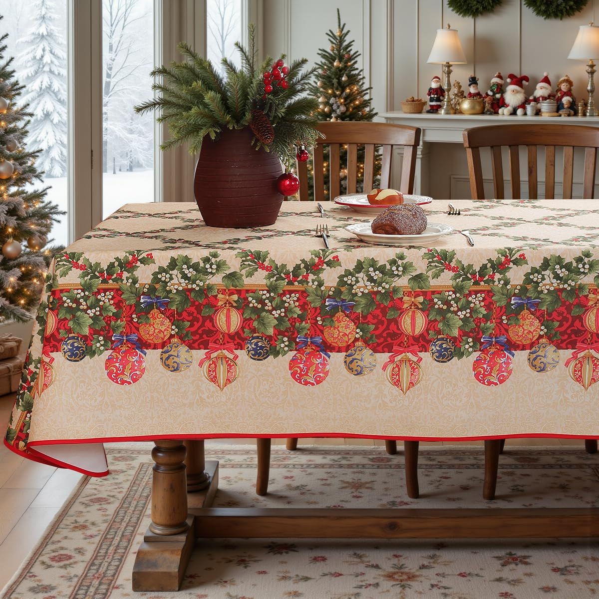 Mantel navideño 60x120pulg rojo bayas acebo impermeable vintage