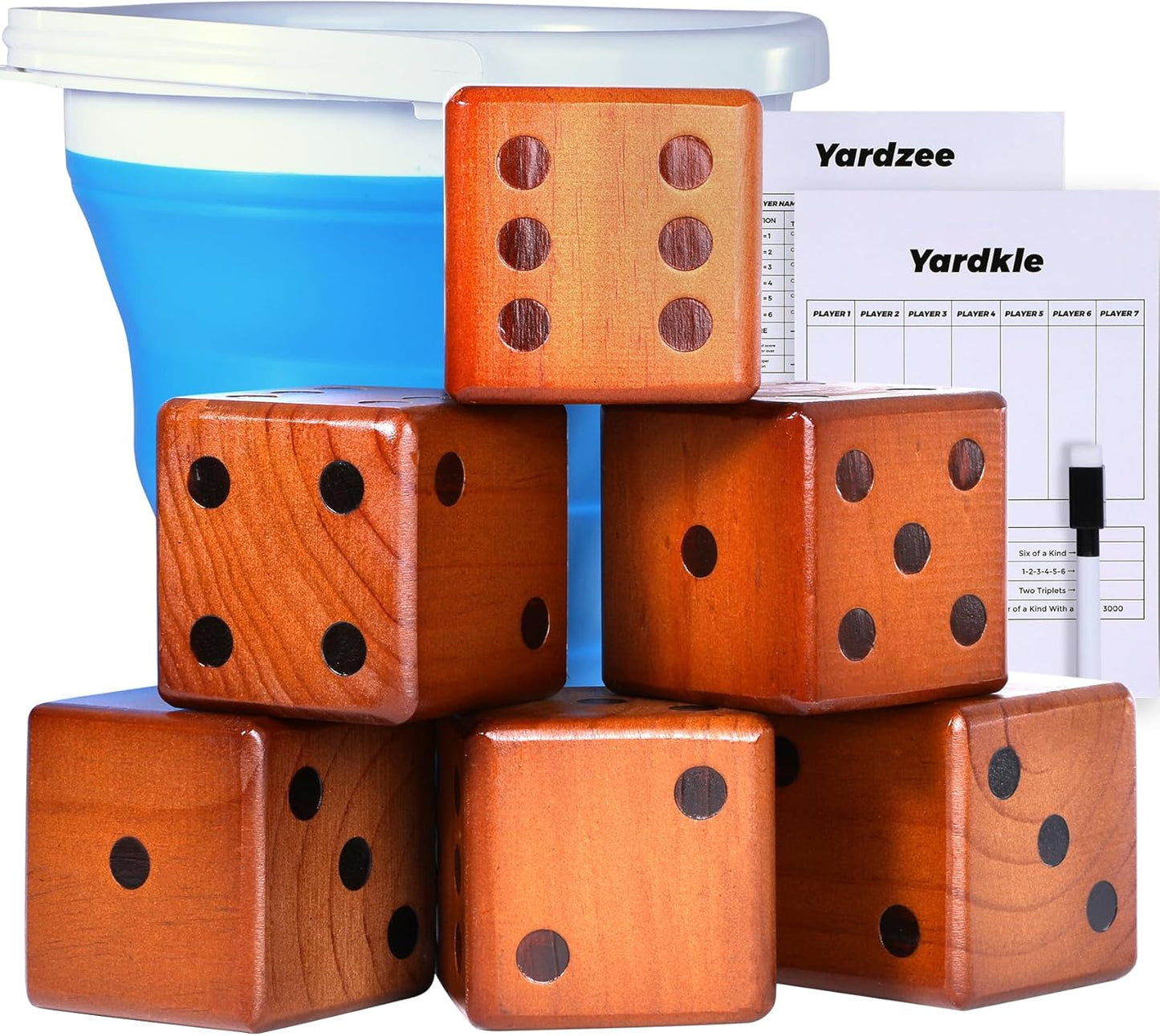 Set dados madera 3.5" Yatzee césped con cubo plegable
