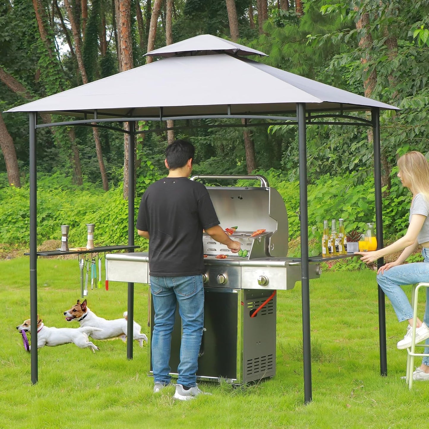 Gazebo parrilla 5x8 acero techo dosel estantes LED gris