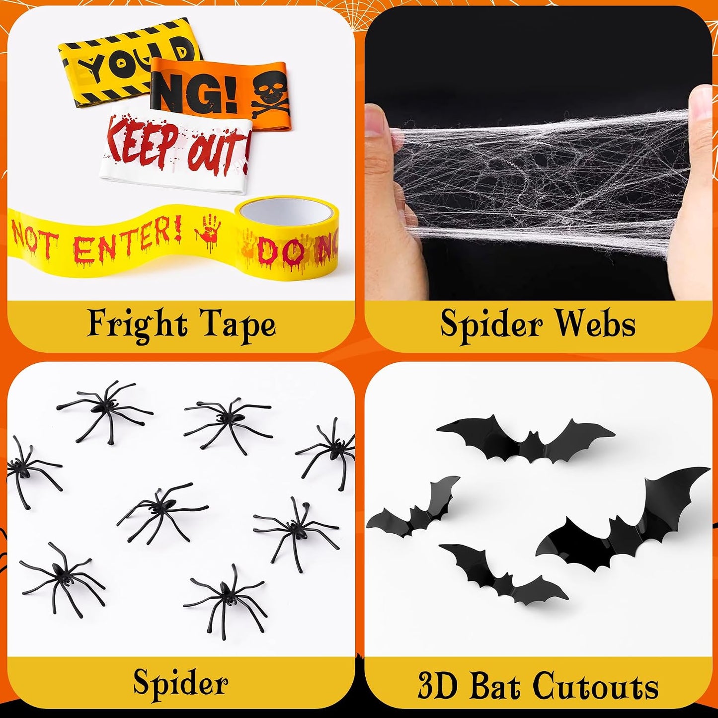 Kit decoración Halloween 99 pzas cinta telarañas arañas 3D