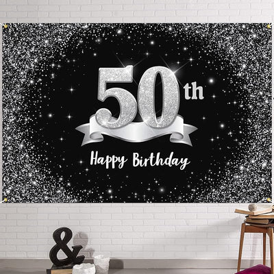 Fondo pancarta feliz cumpleaños 50 6x4ft negro plateado