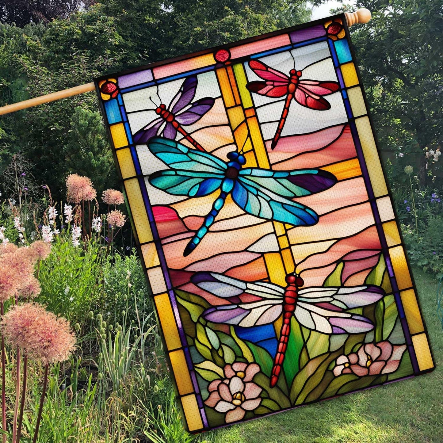 Bandera jardín libélula estilo vitral 28x40"
