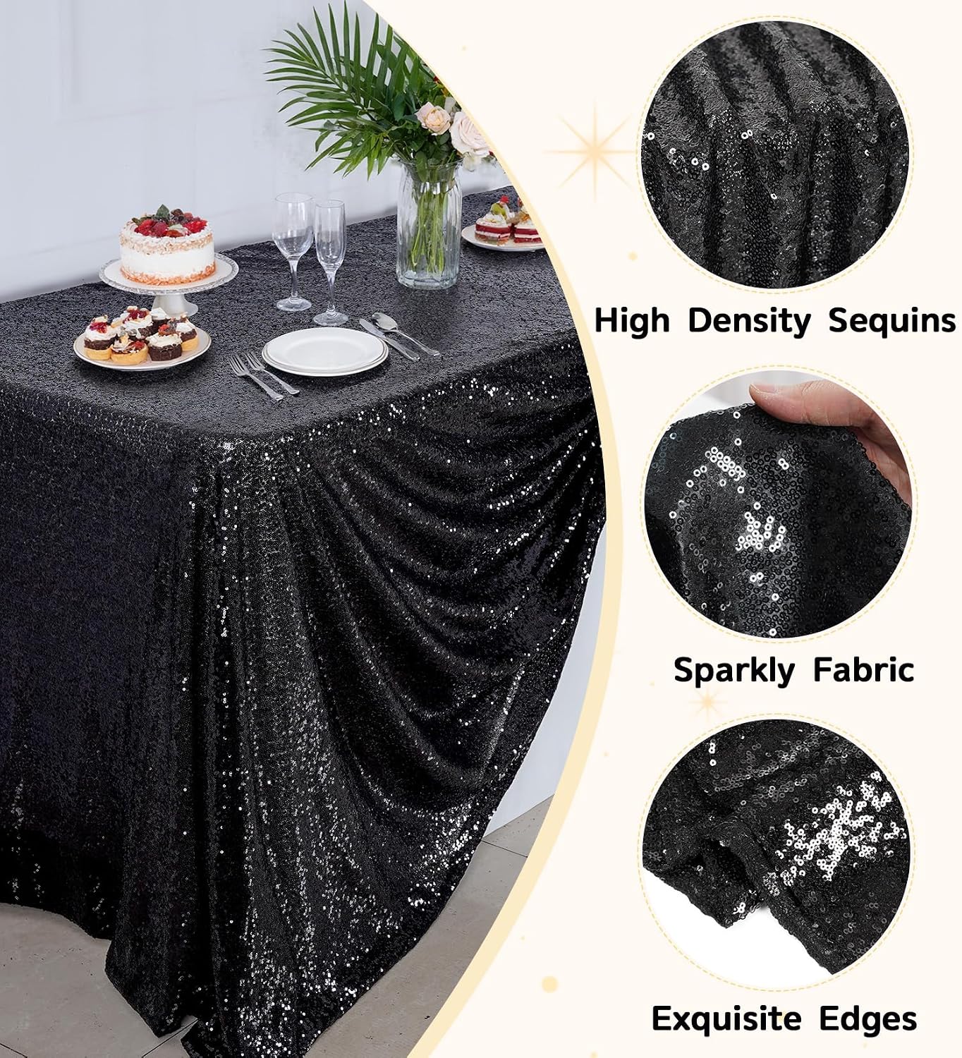 Mantel rectangular negro lentejuelas 60x120pulg para fiesta