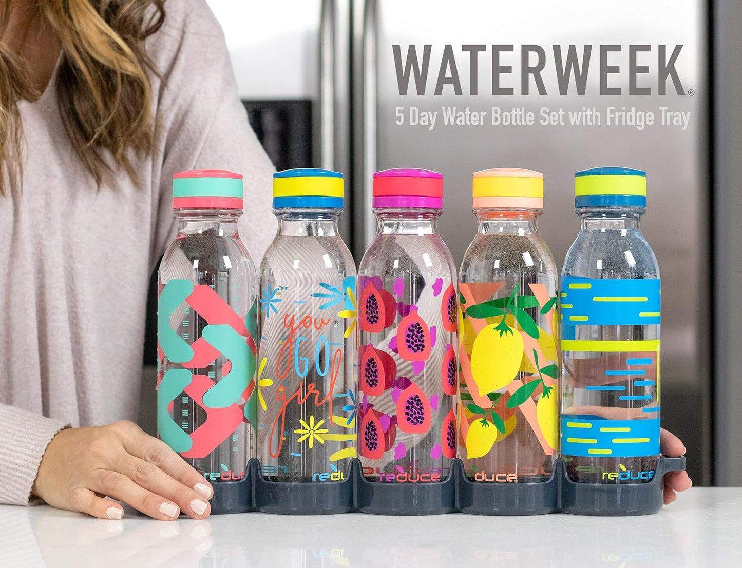 Set 5 botellas agua reutiliz. 20oz sin BPA con bandeja