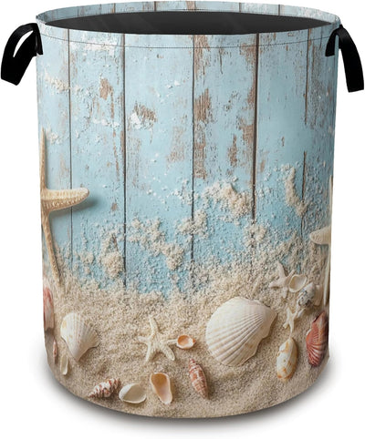 Cesta plegable madera azul con estrellas mar y conchas 16x20