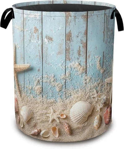 Cesta plegable madera azul con estrellas mar y conchas 16x20