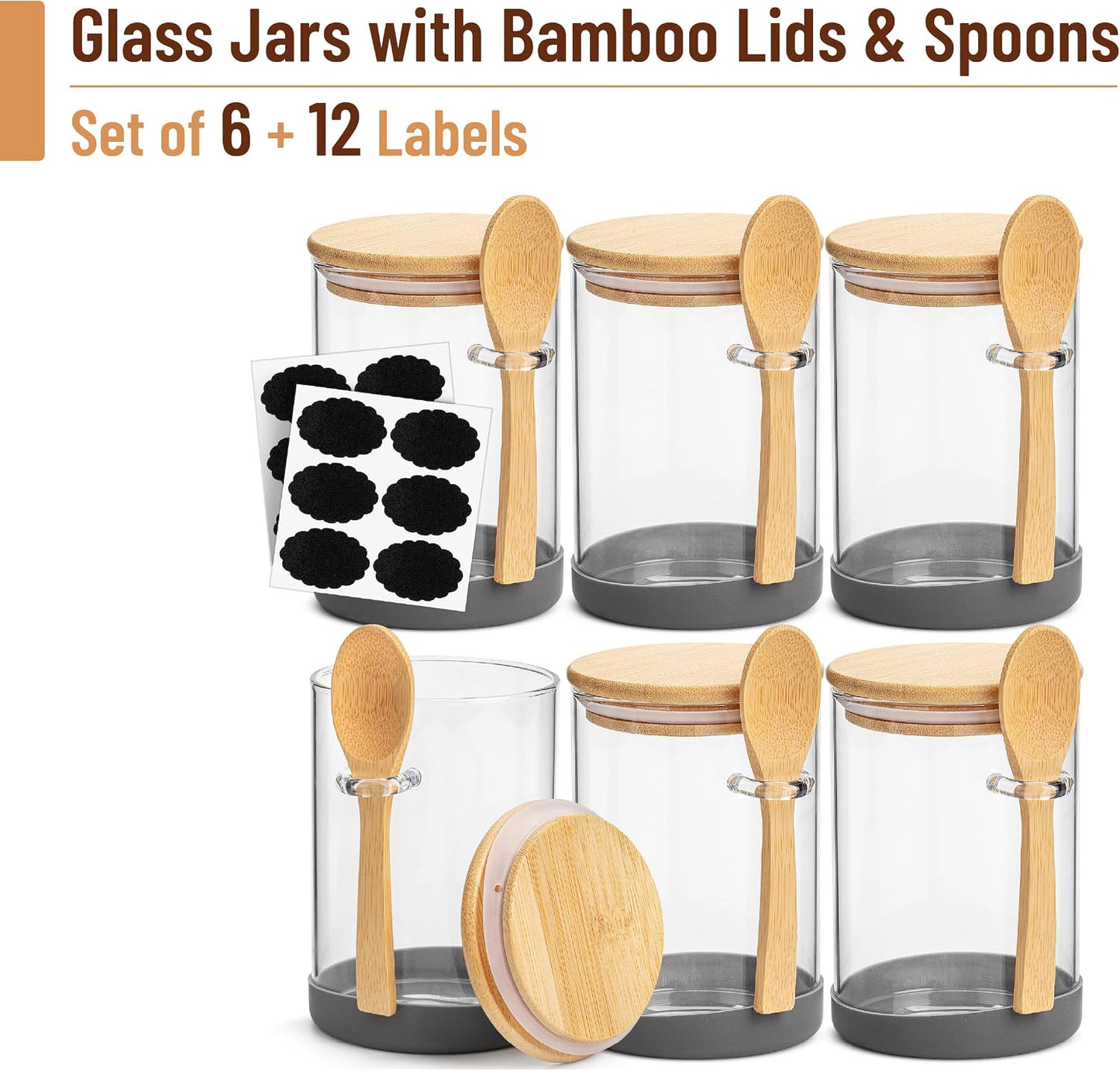 6 Pzas Tarros Vidrio Tapas Bambú 19oz para Té Azúcar Nueces