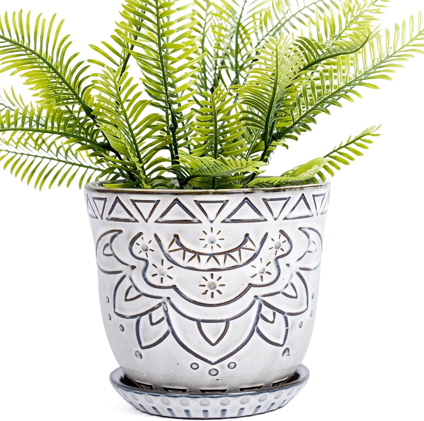 Maceta cerámica estilo bohemio 5.9" grabado geométrico