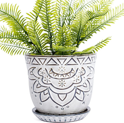 Maceta cerámica estilo bohemio 5.9" grabado geométrico