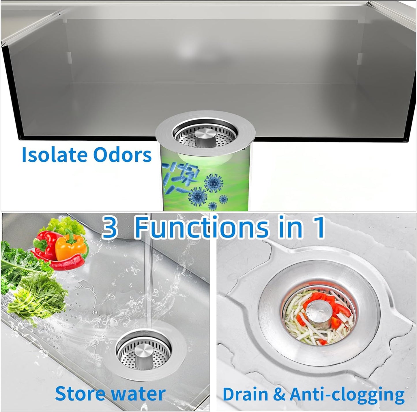 Colador drenaje 3en1 fregadero con tapón y cesta acero inox