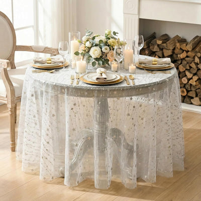 Mantel gasa estrellas blancas 60x60pulg lentejuelas plateadas