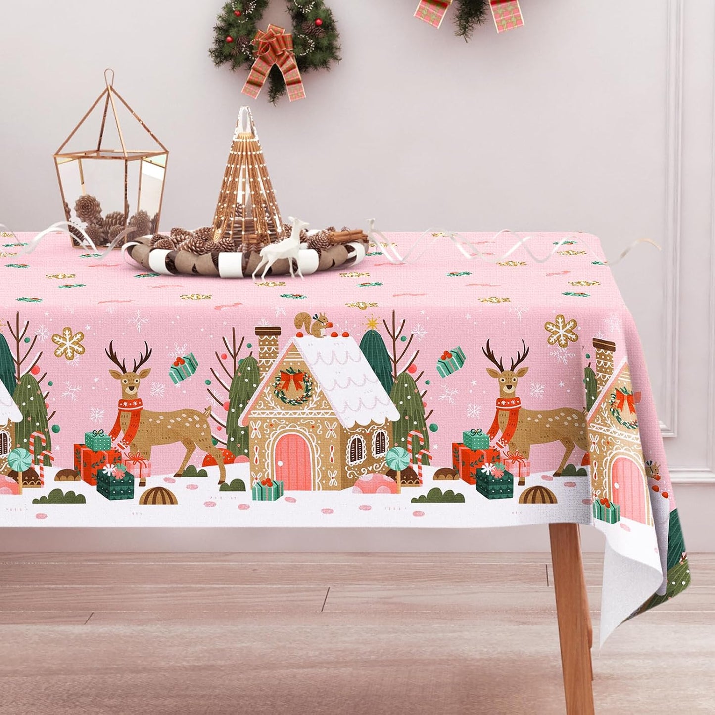 Mantel Navidad rosa diseño casa jengibre reno 60x84pulg