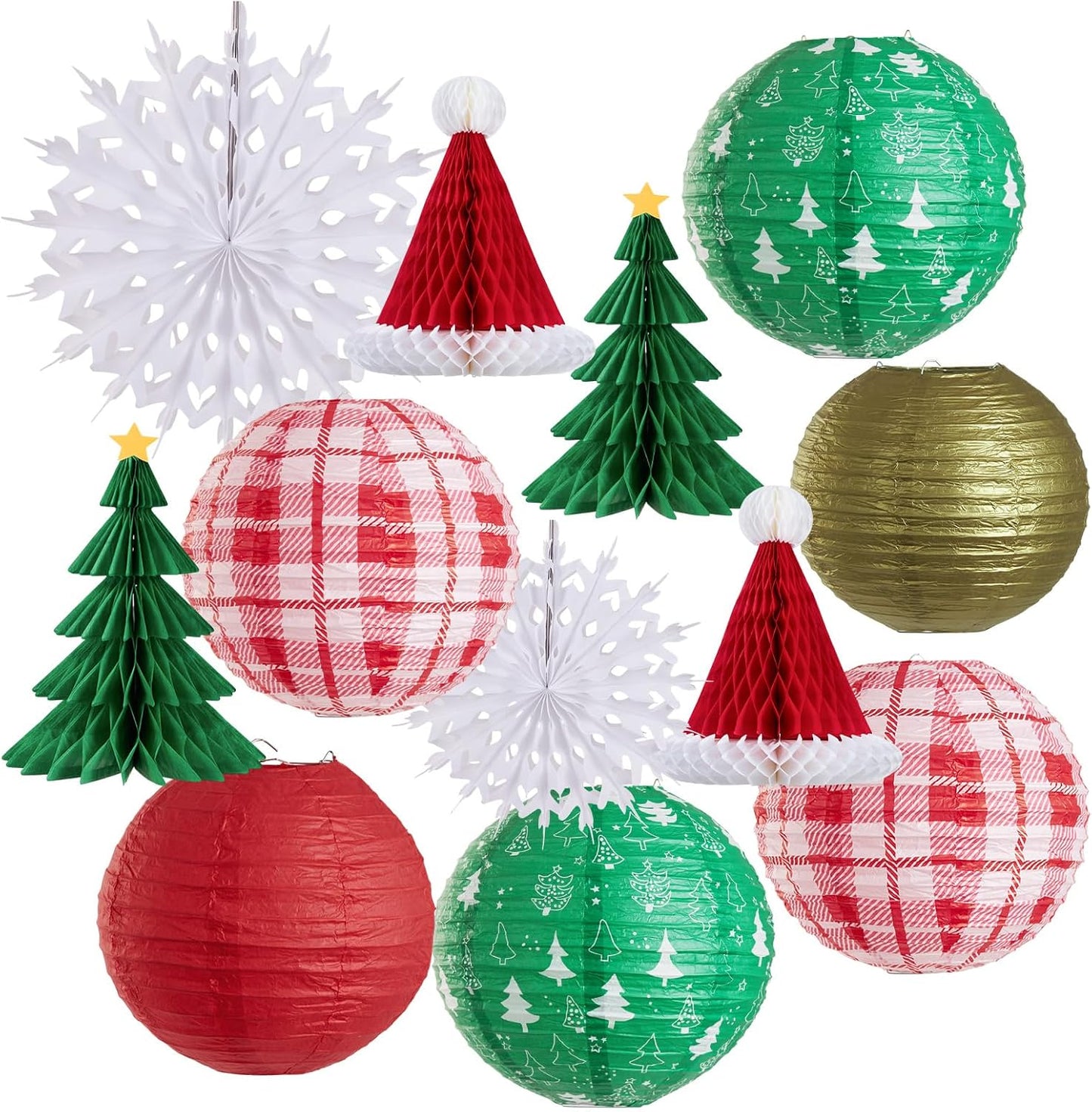 Adornos colgantes navidad 12 pzas linternas papel panal rojo verde dorado