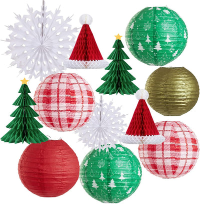 Adornos colgantes navidad 12 pzas linternas papel panal rojo verde dorado