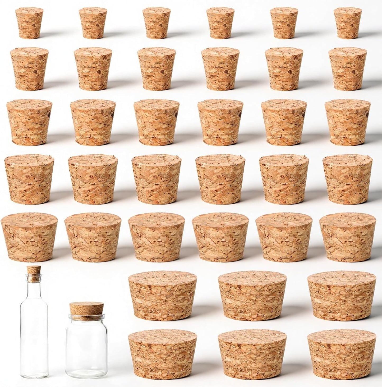 36 Tapones Corcho Natural Vidrio 6 Tamaños Cónicos Madera