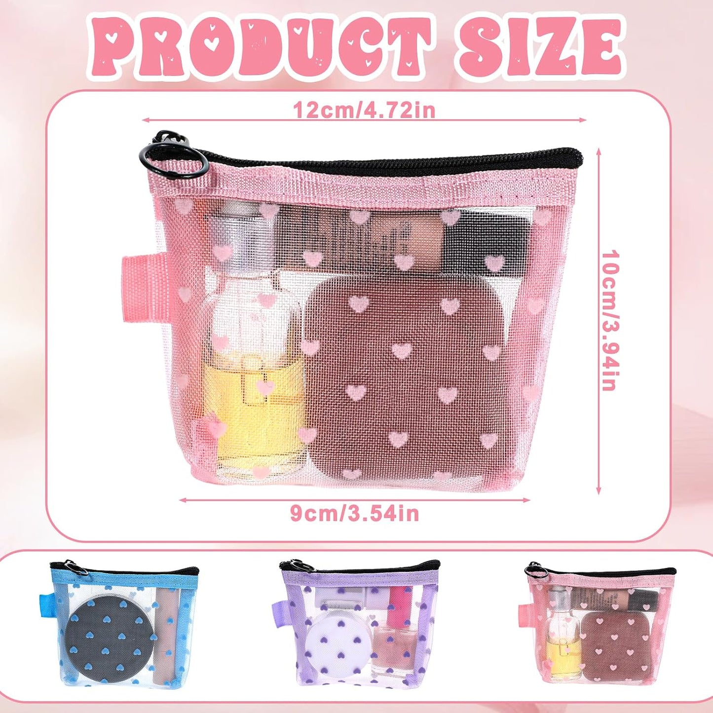 3 Pzas Bolsas Cosméticos con Cierre Malla Estampado Corazón