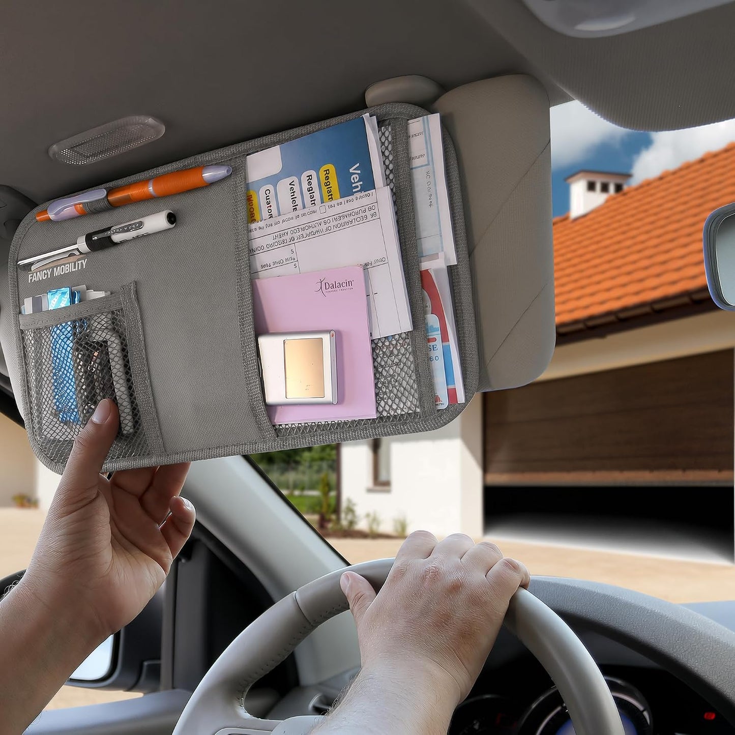 Organiz. visera solar coche diseño minimalista gris