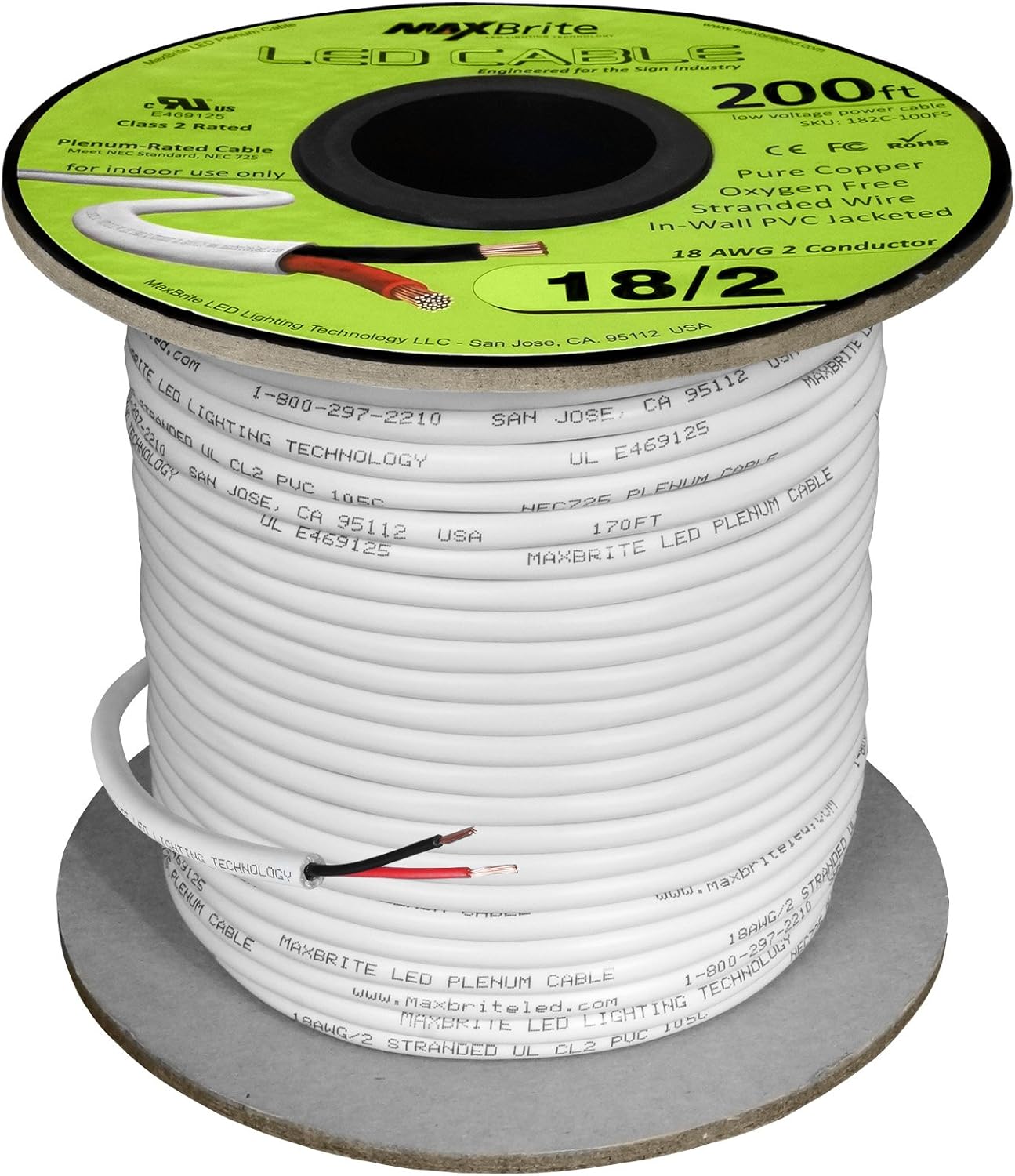Cable LED 18AWG 200pies 2 conductores funda blanca UL Clase