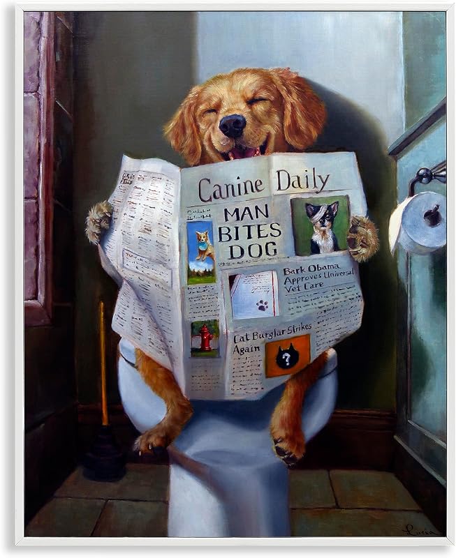 Arte Giclée 'Perro leyendo periódico en el inodoro' 16x20"